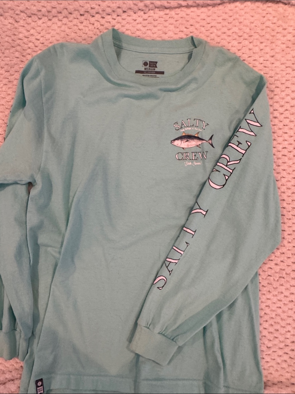 Salty Crew Women's Long Sleeve Tee in Seafoam with Pink Sleeve Script